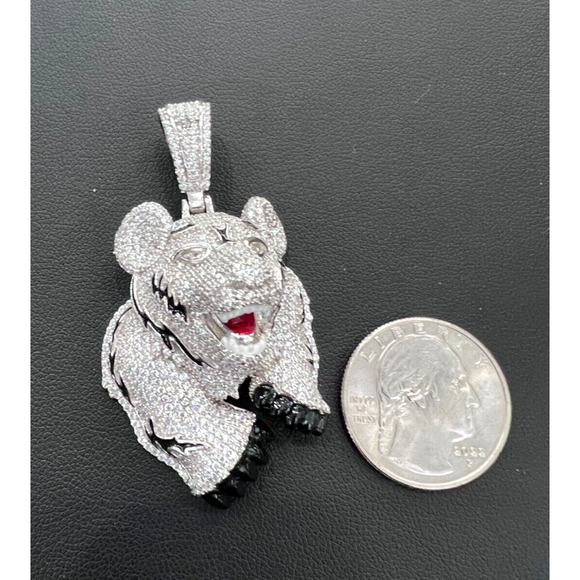 Tiger Head Face Charm 925 Sterling Silver Round Pendant CZ 2.2" - Picture 3 of 4